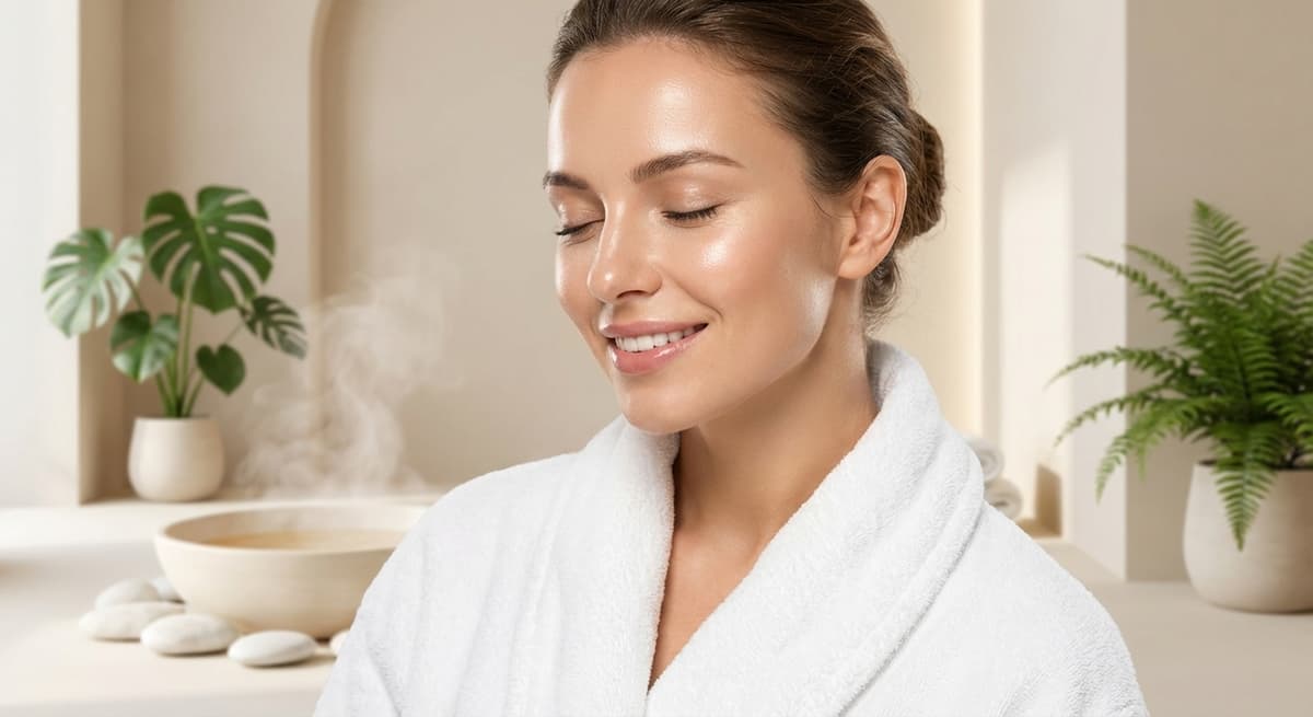 Woman relaxing in a white robe at Leslie Med Spa with glowing skin